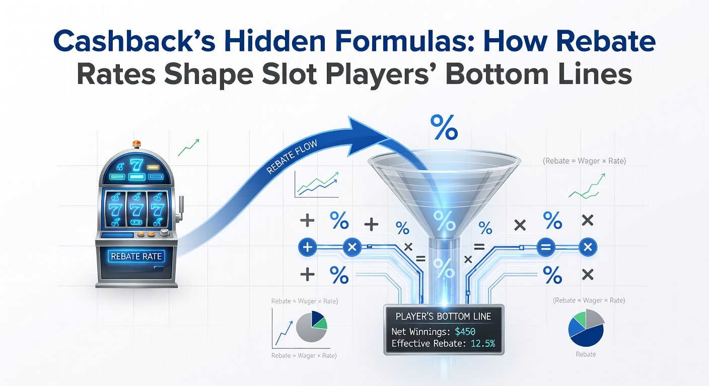 Grafik zeigt Cashback-Berechnungen mit Formeln und Slot-Maschinen im Hintergrund, die den Einfluss von Rabatt-Sätzen visualisieren
