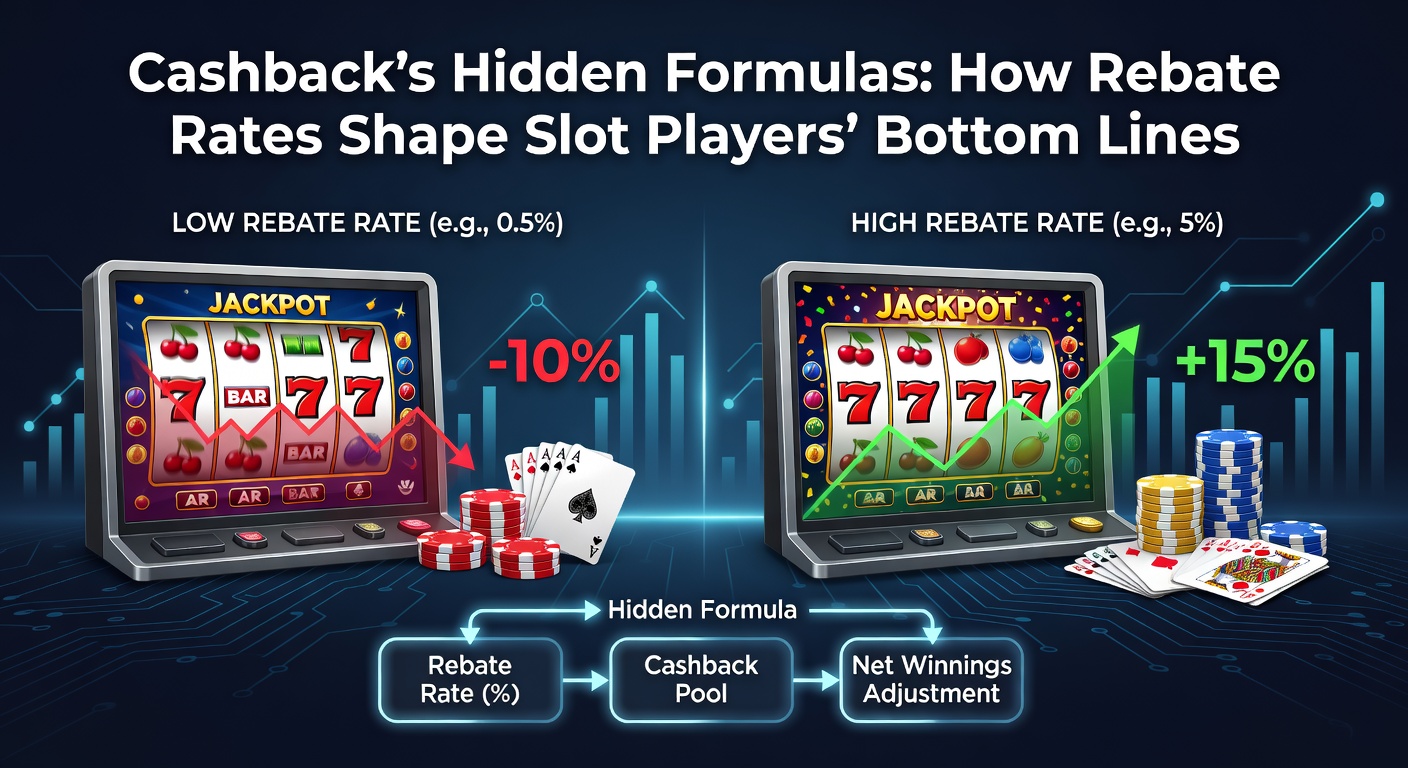 Detaillierte Infografik mit Cashback-Formeln, RTP-Kurven und Beispielen für Slot-Spielerbudgets über einen Monat