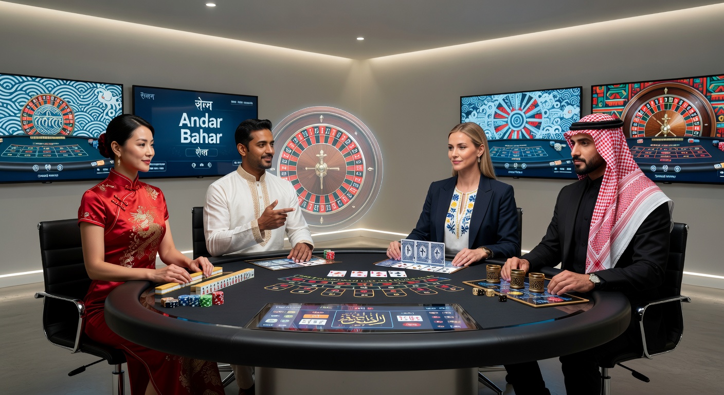 Live-Dealer-Tisch mit asiatischen Dekorationselementen und Spielern aus verschiedenen Kulturen, die traditionelle Spiele genießen