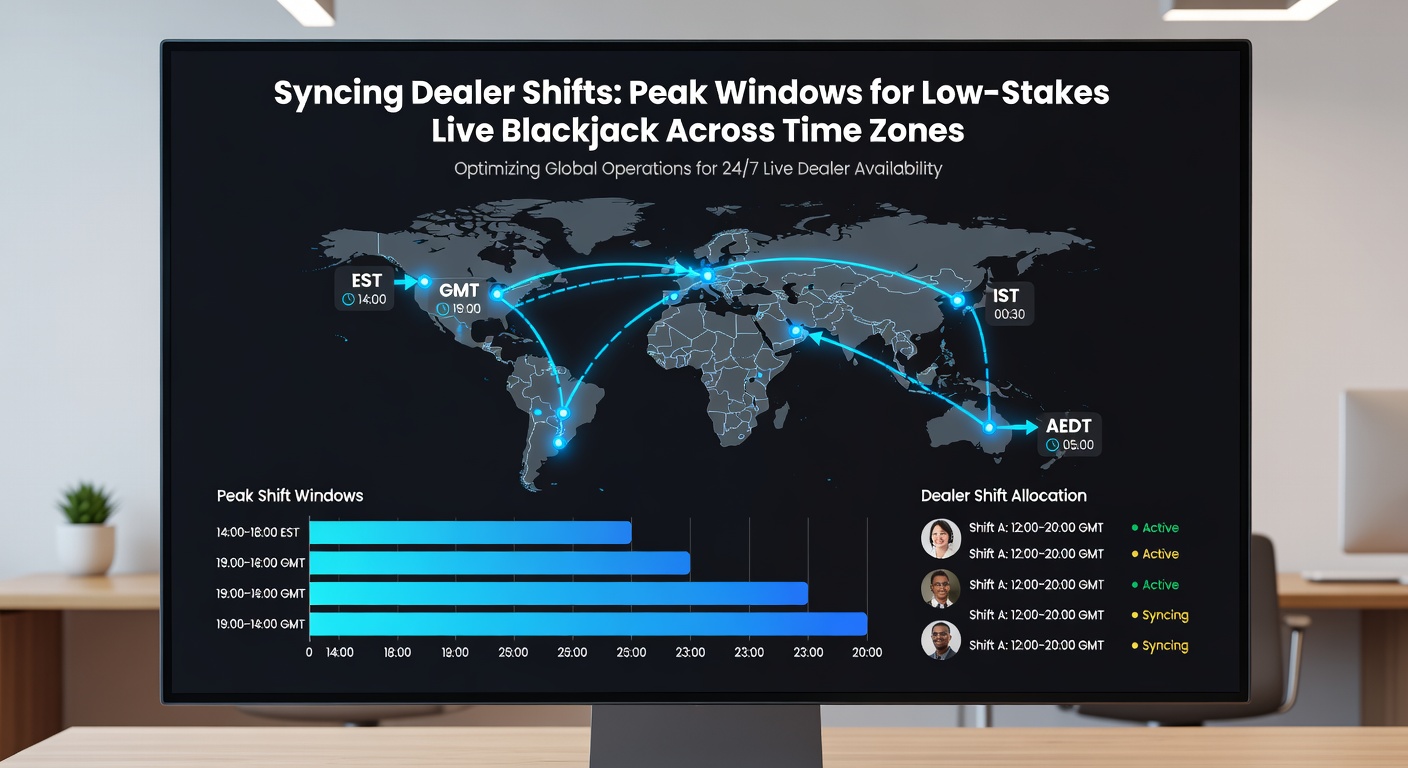 Diagramm mit Peak-Fenstern für Low-Stakes Live-Blackjack in verschiedenen Zeitzonen, inklusive Schichtüberlappungen